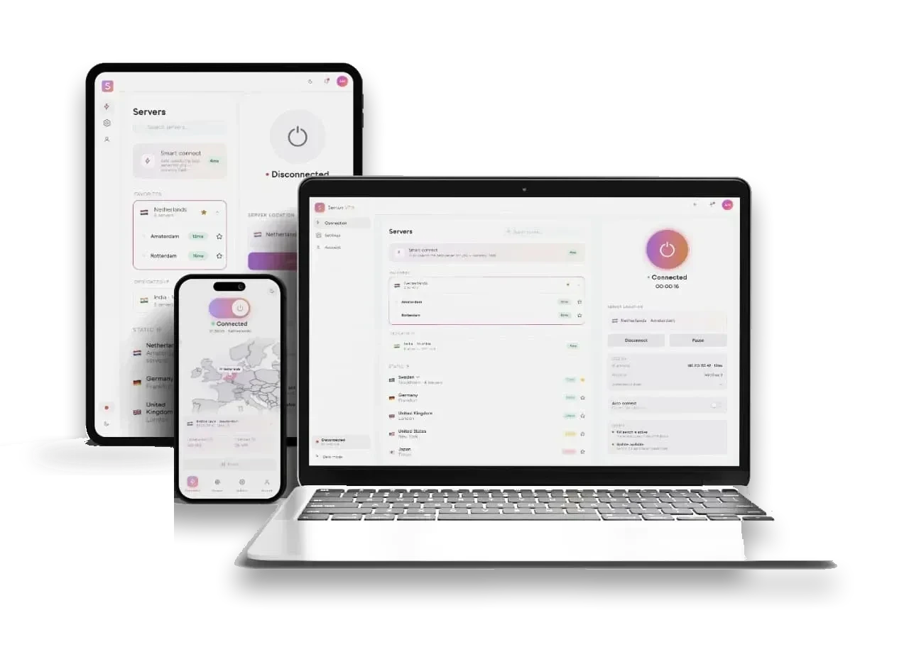 Senton VPN running on a laptop with the browser extension, a tablet and a phone