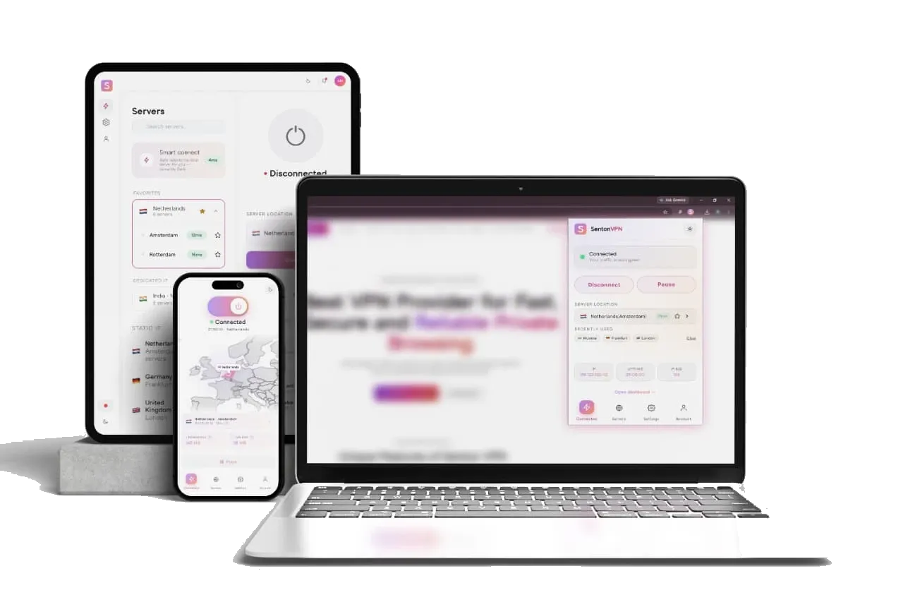 Senton VPN running on a laptop with the browser extension, a tablet and a phone
